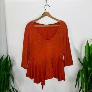 ALTAR’D STATE Boho V Neck Asymmetric Ruffle Hem Stonewash Blouse